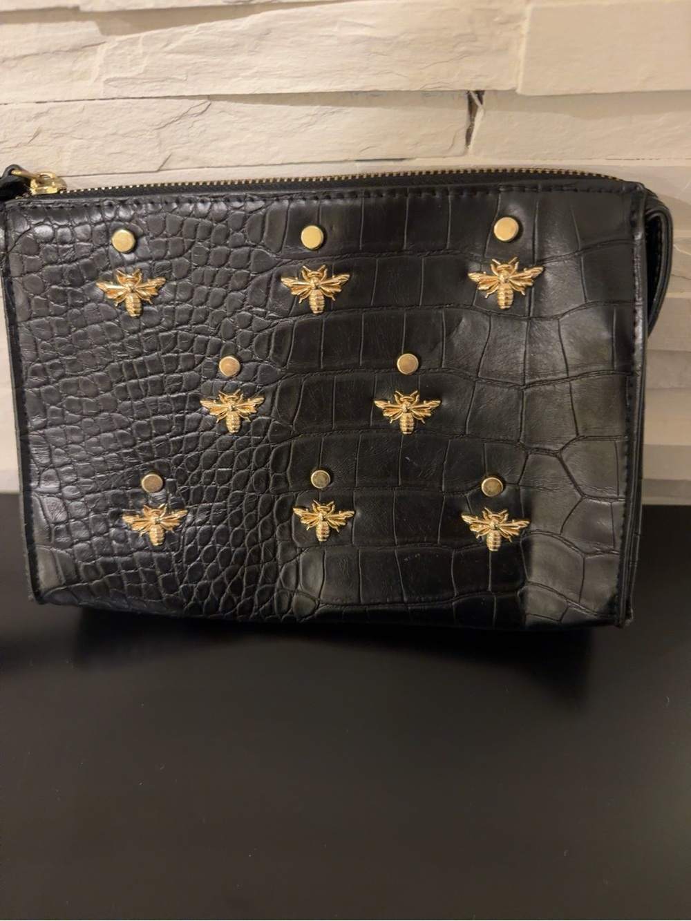 Neiman Marcus Black Croc-Embossed Clutch with Gold Bee Studs